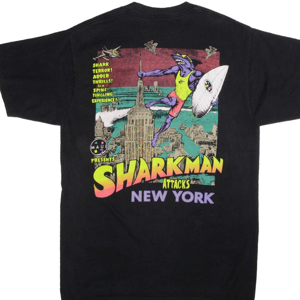 Vintage Maui and Sons World Sharkman Attacks New York Tee Shirt 1990 Size Medium Made In USA with single stitch sleeves.