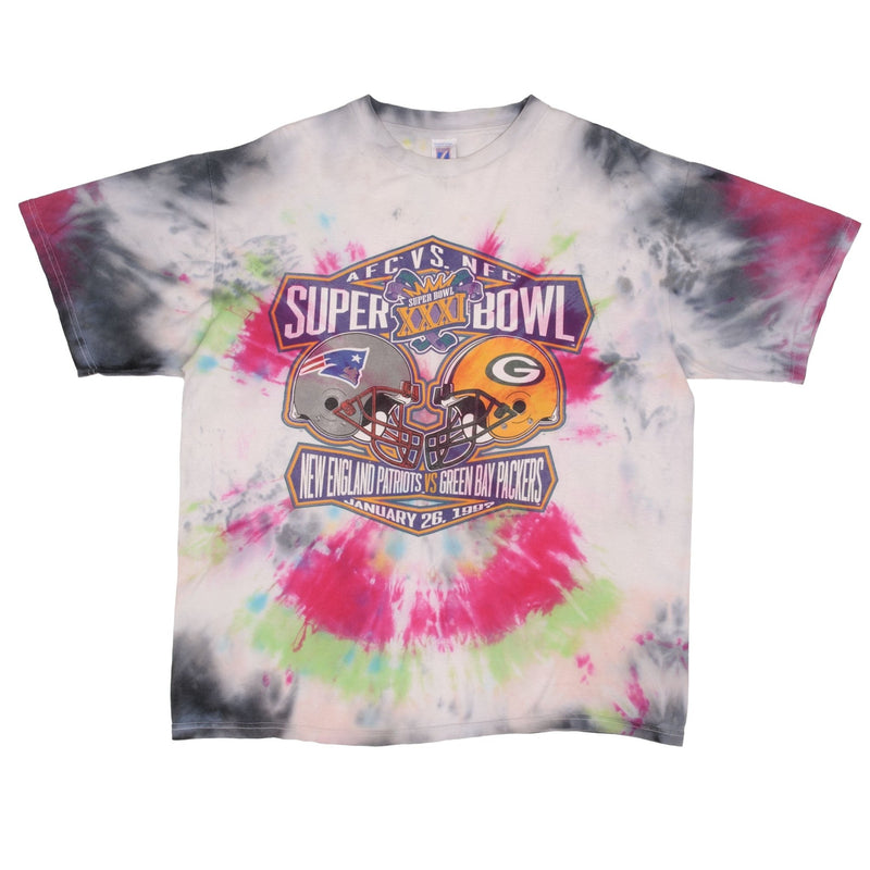 Vintage NFL New England Patriots Vs Green Bay Packers Super Bowl XXXI 1997 Tie Dye Tee Shirt Size XL