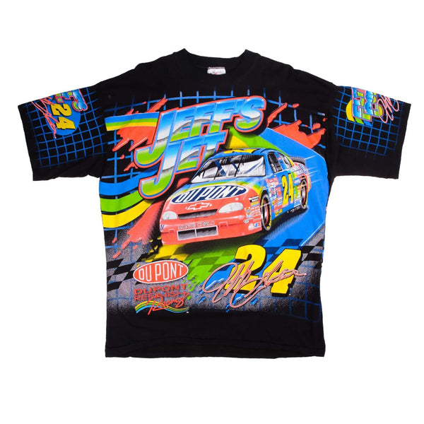 Vintage Nascar All Over Print Jeff's Jet 24 Dupont 1999 Tee Shirt Size XL Made In USA