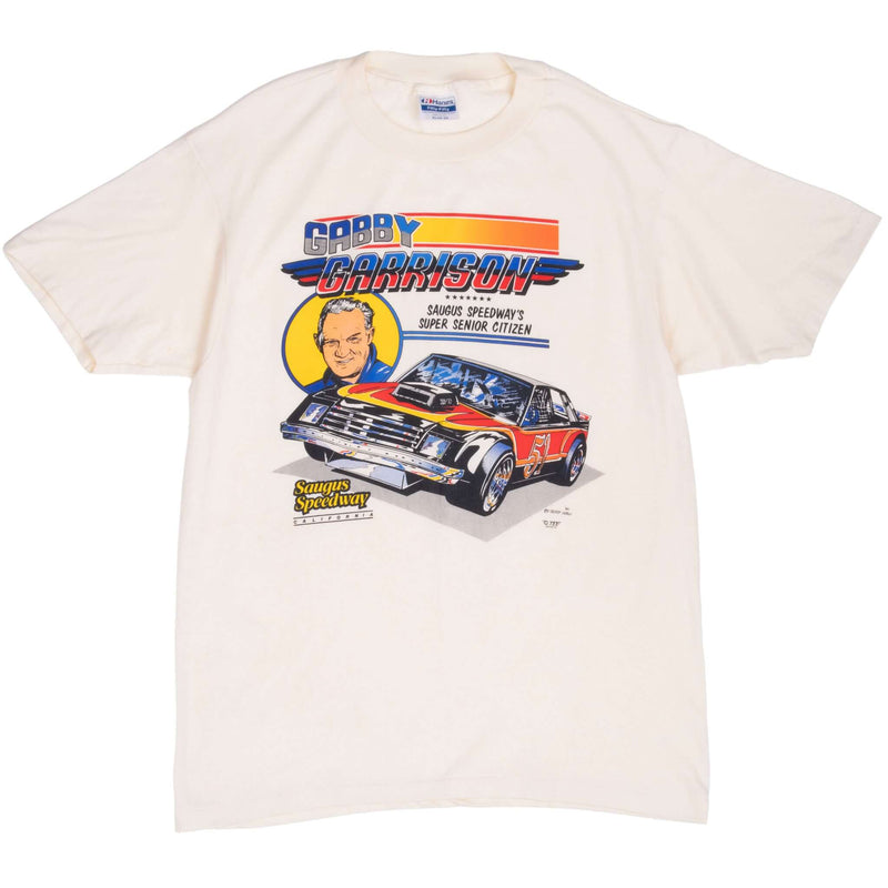 Vintage Gabby Garrison Stock Car Racing 1986 Ivory Tee Shirt Size Large Made In USA With Single Stitch Sleeves