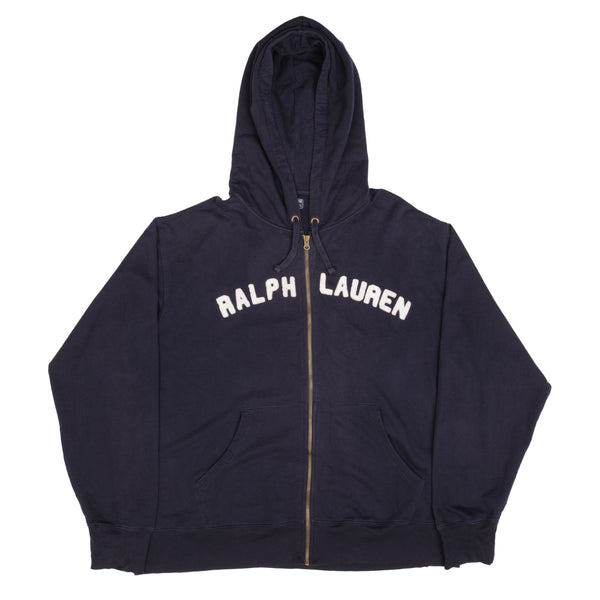 Vintage Ralph Lauren Full Zip Spellout Navy Blue Hoodie Sweatshirt 1990S Size 2XL