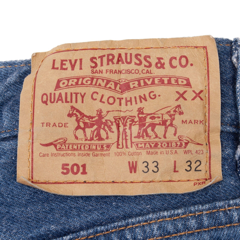 Beautiful Indigo Levis 501 Jeans 1980s Made in USA with Medium Wash   Size on tag 33x32 Back Button #653