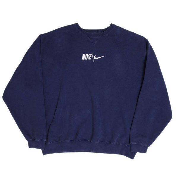 Vintage Nike Spellout Swoosh Navy Blue Crewneck Sweatshirt 1990S Size 2XL