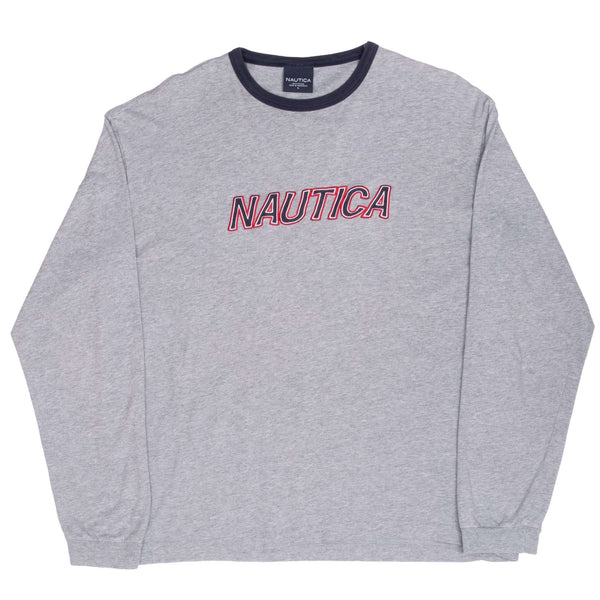 Vintage Nautica Embroidered Grey Long Sleeve Tee Shirt 2000S Size Large