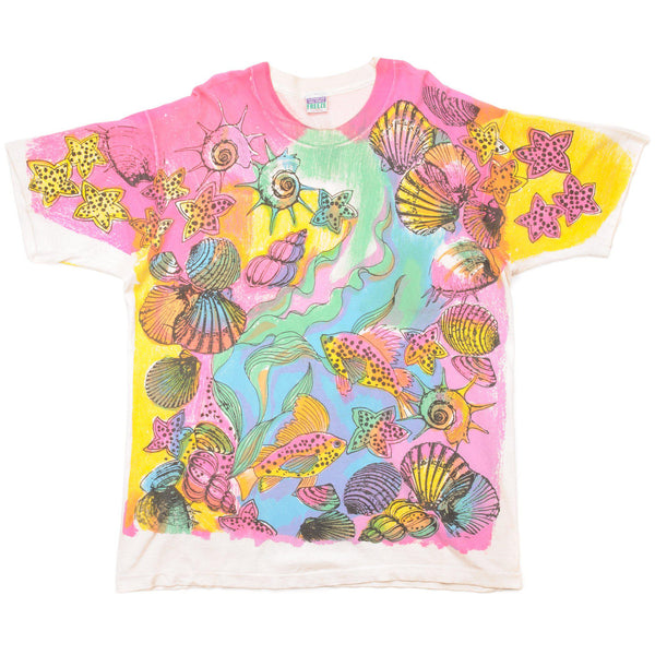 Vintage All Over Print Fish And Crustacean Tee Shirt Size XL Made In USA With Single Stitch Sleeves.