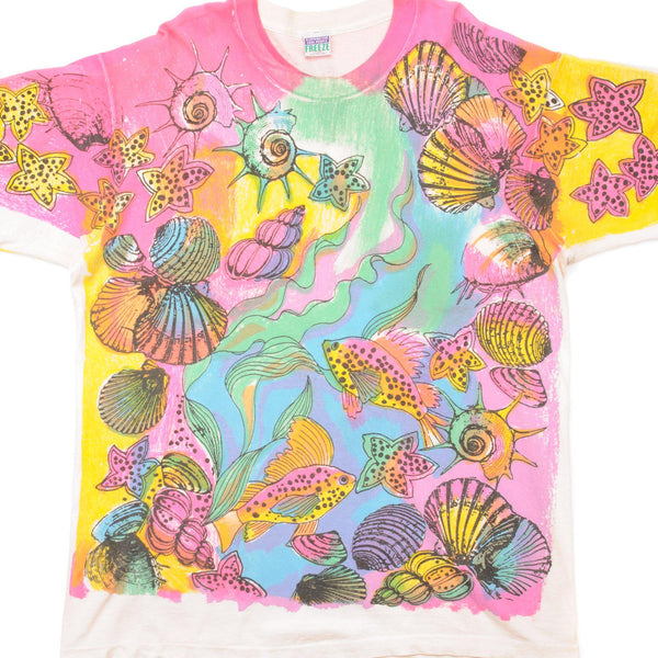 CAMISETA VINTAGE CON ESTAMPADO COMPLETO DE PECES Y CRUSTÁCEOS, AÑOS 90, TALLA XL, FABRICADA EN EE. UU.