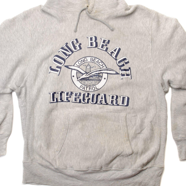 SUDADERA CON CAPUCHA VINTAGE DE GUARDAVIVIENDAS DE LONG BEACH, TALLA GRANDE, FABRICADA EN EE. UU., DÉCADA DE 1990