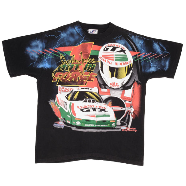 Vintage Allover Print Racing NHRA John Force 1990S Tee Shirt Large Made In USA With Single Stitch Sleeves