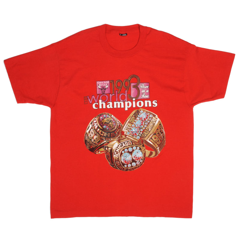 Vintage Red NBA Chicago Bulls 1991 1992 1993 World Champs Tee Shirt Size XL Made In USA With Single Stitch Sleeves