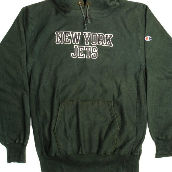 SUDADERA CON CAPUCHA VINTAGE CHAMPION DE TEJIDO INVERSO DE LA NFL NEW YORK JETS DE 1990 A MEDIADOS DE LA DÉCADA DE 1990, TALLA XL, FABRICADA EN EE. UU.