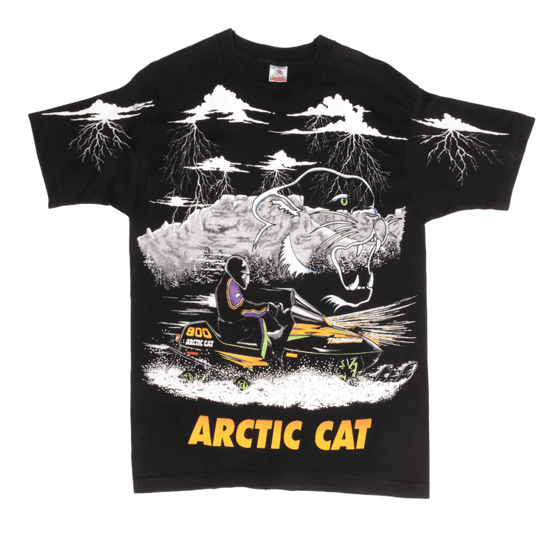 Vintage All Over Print Arctic Cat Snow Mobile Tee Shirt 1990S Size Medium Made In USA With Single Stitch Sleeves