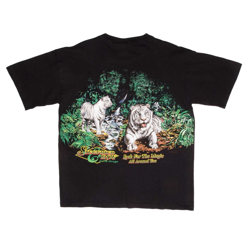 Vintage Siegfried & Roy At The Mirage Casino Las Vegas Look For The Magic All Around Animal Print Tee Shirt 1990S Size XL Made In USA With Single Stitch Sleeves