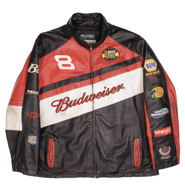 CHAQUETA DE CUERO VINTAGE DE BUDWEISER DE DALE EARNHARDT JR DE NASCAR DE LA DÉCADA DE 2000, TALLA XL