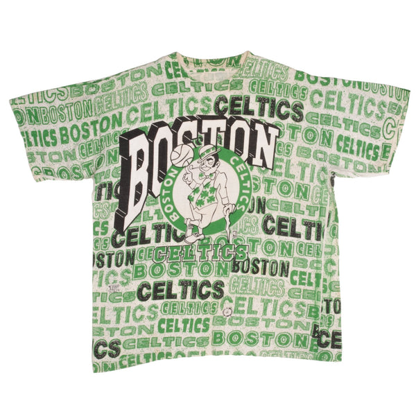 Vintage NBA All Over Print Boston Celtics 1992 Tee Shirt Size XL With Single Stitch Sleeves