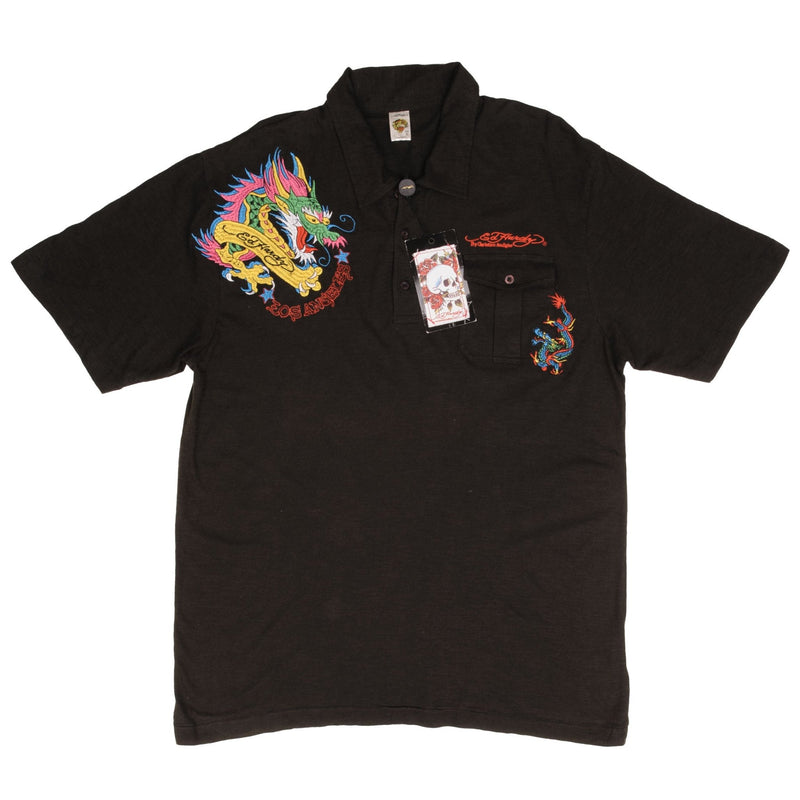 Vintage Ed Hardy By Christian Audigier Dragon Embroidered Polo Shirt 2000S Size XL Deadstock