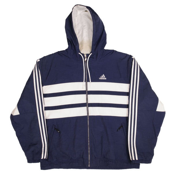 Vintage Adidas Navy Blue Nylon Windbreaker Hooded Jacket 1990S Size Large