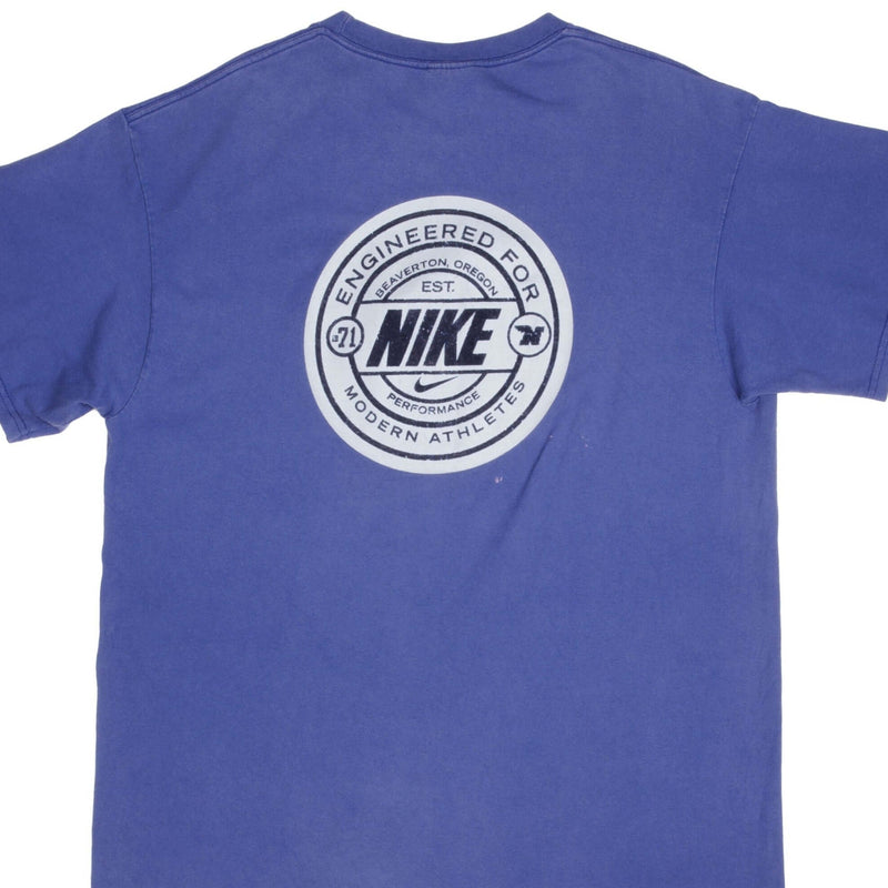 Vintage Nike Spell out Back Print Swoosh Blue Tee Shirt Late 1990s Size Large Made In USA