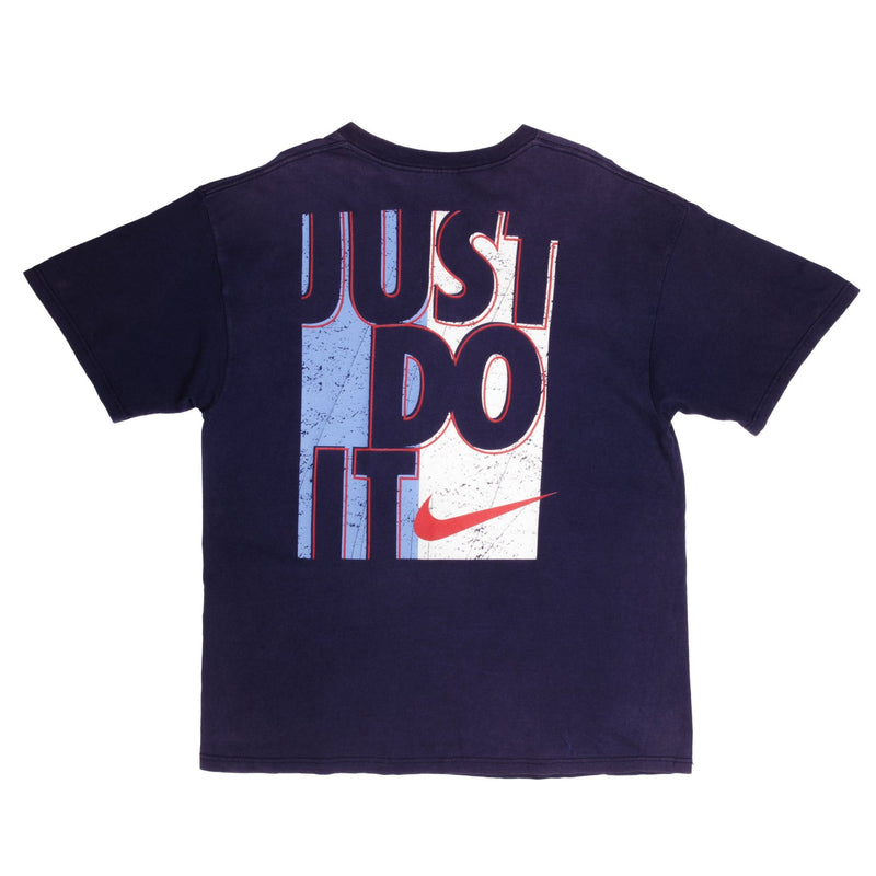 Vintage Nike Just Do It Swoosh Blue Tee Shirt Late 1990s Size Large Made In USA