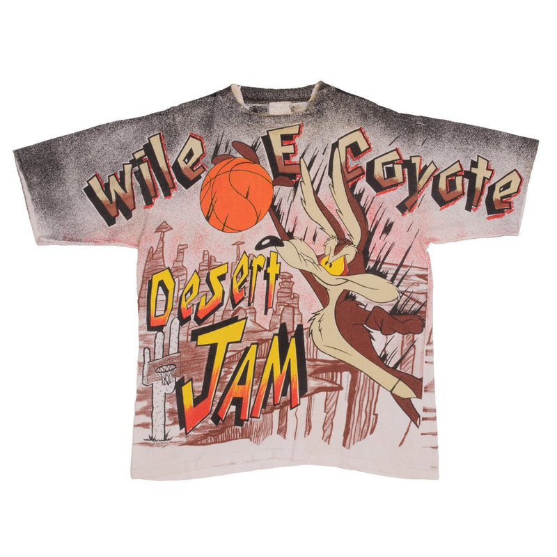 Vintage All Over Print Looney Tunes Wile E Coyote Basketball Desert Jam Tee Shirt 1993 Size Large With Single Stitch Sleeves