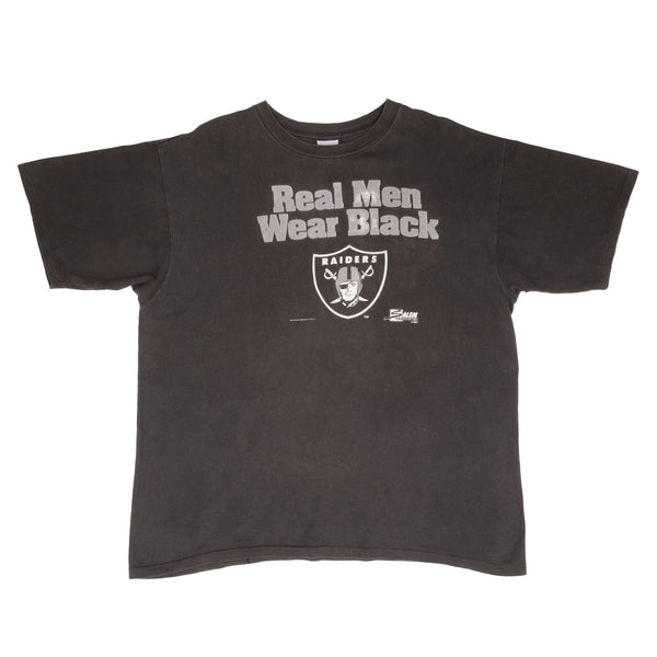 Vintage NFL Los Angeles Raiders Real Men Wear Black Tee Shirt 1990 Size XL Made In USA With Single Stitch Sleeves