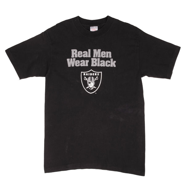 Vintage NFL Los Angeles Raiders Real Men Wear Black Tee Shirt 1990S Size Large Made In USA With Single Stitch Sleeves