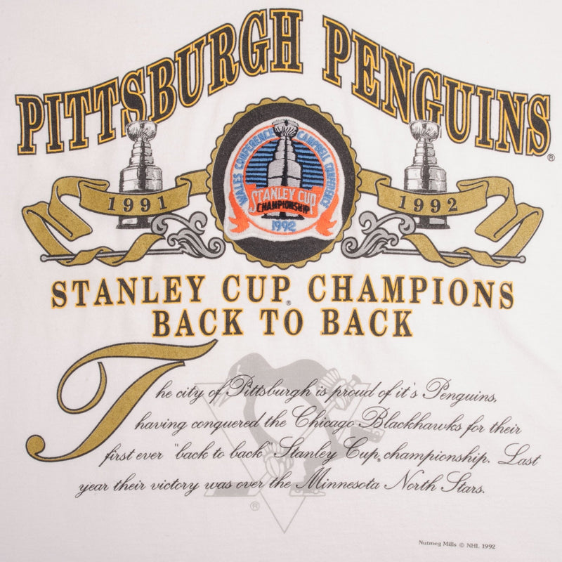 Vintage Nhl Pittsburgh Penguins Stanley Cup Champions Tee Shirt 1992 Size Large Made In USA With Single Stitch Sleeves