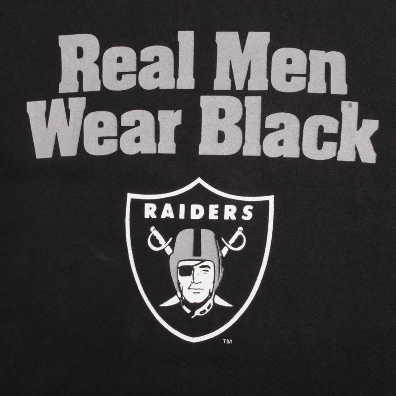 Vintage NFL Los Angeles Raiders Real Men Wear Black Tee Shirt 1990S Size Large Made In USA With Single Stitch Sleeves