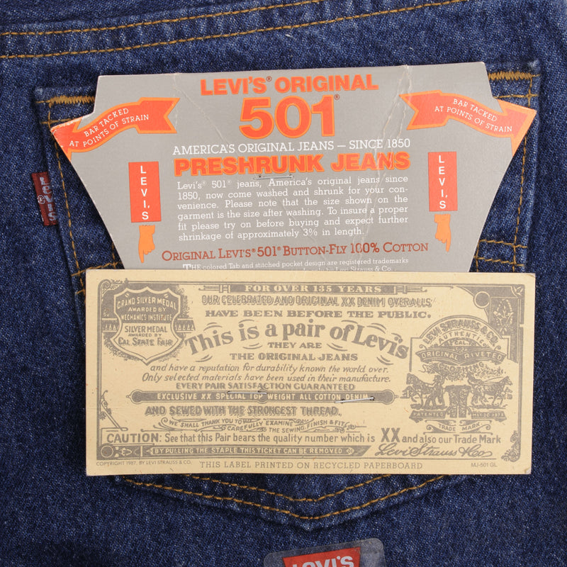 Vintage Levis 501 Preshrunk Indigo Blue Jeans 1987 Size W29 L30 Made In Usa Deadstock With Tags With A Dark Wash  Size On Tag 29X32 Actual Size 29X30  Back Button #522