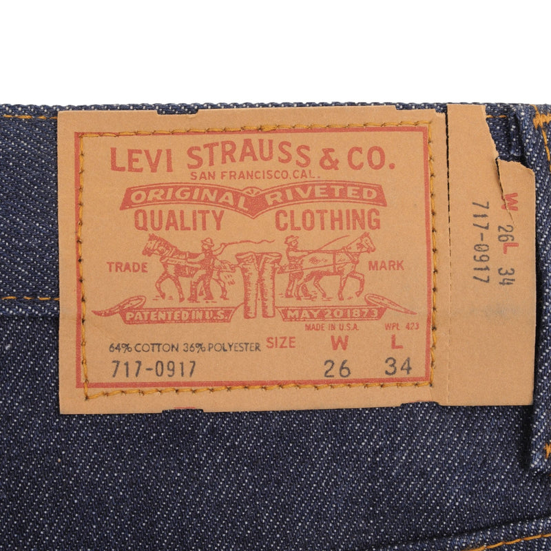 Vintage Levis 717 Saddleman Boot Cut Dura Plus Jeans 1977 Size 26X34 Made In Usa Deadstock With a Very Dark Wash  Size On Tag 26X34  Back Button #553  Talon 42 Zipper