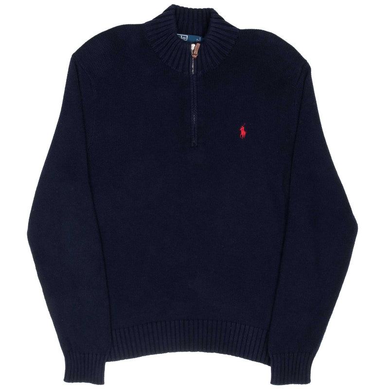 Vintage Polo Ralph Lauren Navy Blue Knit Quarter 1/4 Zip Sweater 1990S Size Large