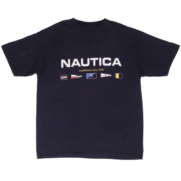 Vintage Nautica Spellout Blue Tee Shirt 1990S Size Medium Made In Usa