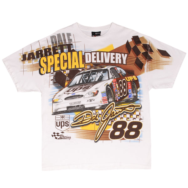 Vintage Nascar Dale Jarret Ups #88 Special Delivery All Over Print Early 2000S Tee Shirt Size Large