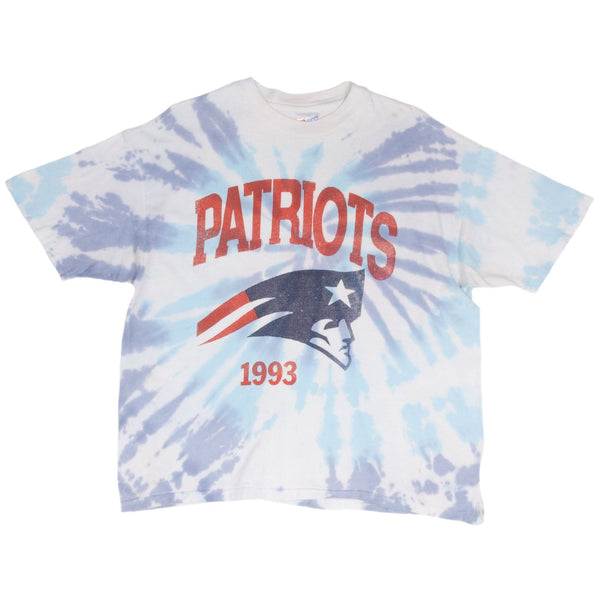 Vintage Tie Dye NFL New England Patriots Tee Shirt 1993 Size XL Made In USA With Single Stitch Sleeves.