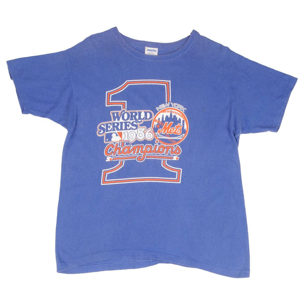 Vintage Blue MLB New York Mets World Series Champions 1986 Tee Shirt Size Large Made In USA With Single Stitch