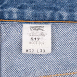 Beautiful Indigo Levis 517 Boot Cut Jeans 1980s with Medium Blue Wash With Beautiful Whiskers.

Size on tag 32X33 actual Size 31x31

Back Button #104