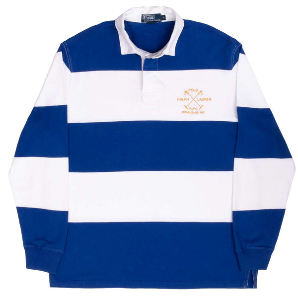 Vintage Ralph Lauren Blue And White Striped Rugby Polo Shirt 1990S Size Medium