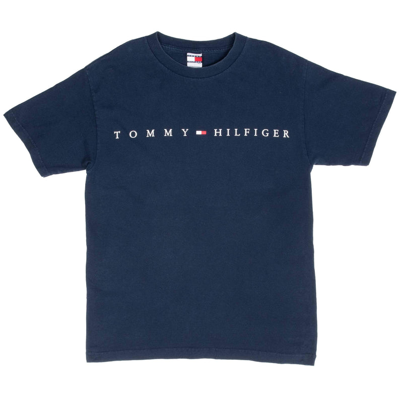 VINTAGE TOMMY HILFIGER SPELLOUT NAVY BLUE TEE SHIRT 1990S MEDIUM