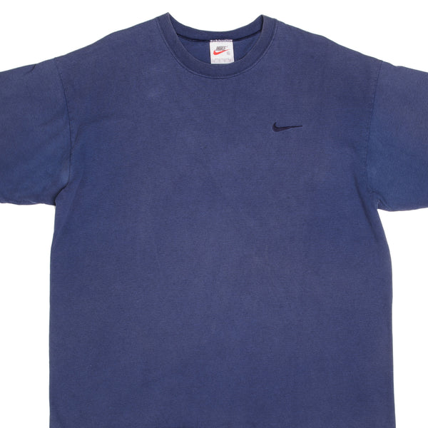 Vintage Nike Small Swoosh Embroidered Blue Striped Tee Shirt Late 1990s Size XL Made In USA