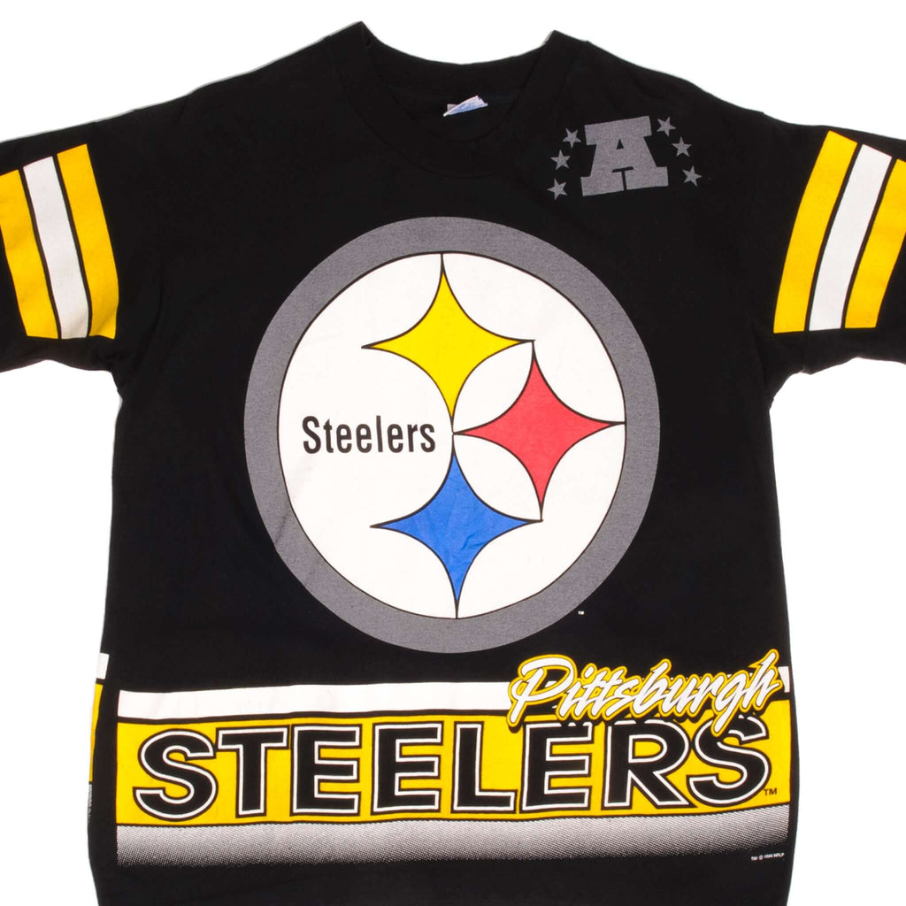 Vintage NFL Pittsburgh Steelers All Over Print Tee Shirt 1994 Size Large Made In USA With Single Stitch Sleeves