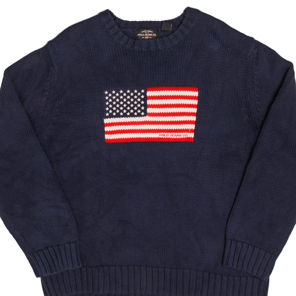 SUDADERA DE PUNTO VINTAGE RALPH LAUREN CON BANDERA DE ESTADOS UNIDOS DE LOS AÑOS 90, TALLA XL