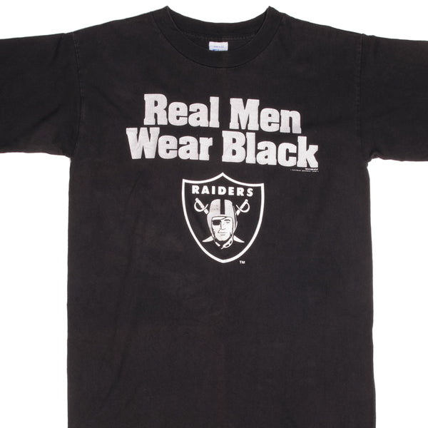 Vintage NFL Los Angeles Raiders Real Men Wear Black Tee Shirt 1995 Size Medium Made In USA With Single Stitch Sleeves