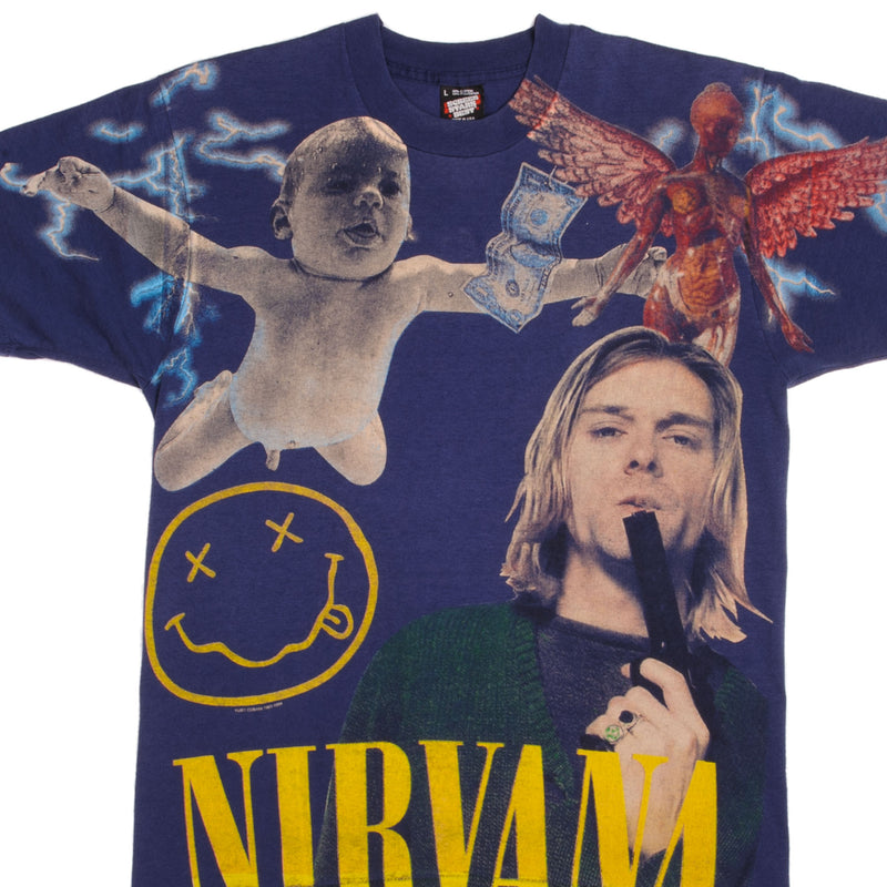 Vintage Blue All Over Print Nirvana Kurt Cobain 1967-1994 Screen Stars Best Tee Shirt Size Large Made In USA With Single Stitch Sleeves.