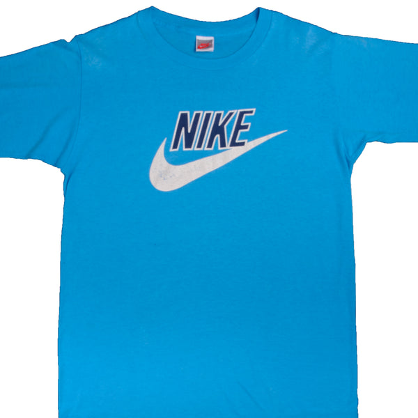 Vintage Blue Nike Big Logo Tee Shirt 1987-1994 Size L Made In USA With Single Stitch Sleeves. Nike Grey Label.