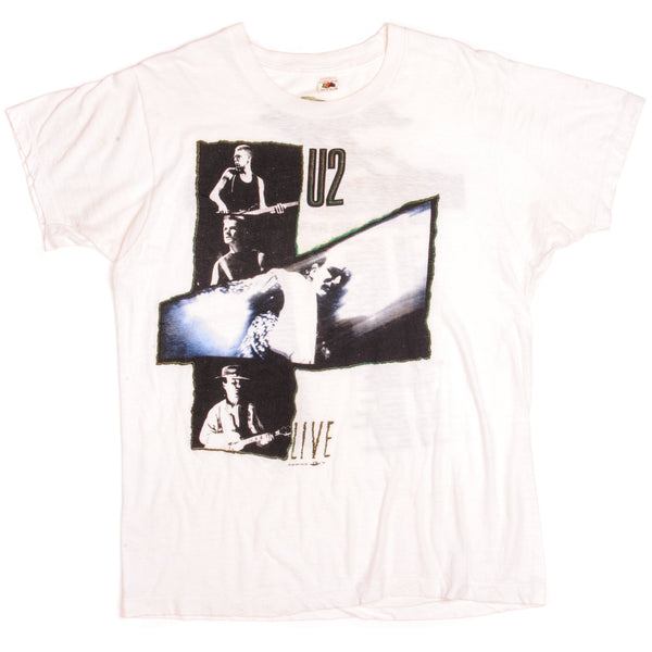 Vintage U2 Live The Joshua Tree Tour Fruit Of The Loom Tee Shirt 1987 Size Large Made In USA With Single Stitch Sleeves.