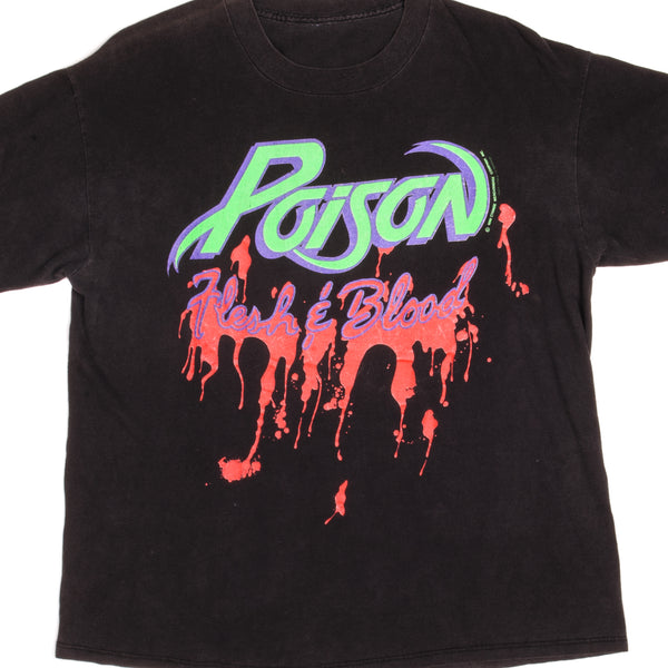 Vintage Poison Flesh And Blood Album Tour Tee Shirt 1990 Size Large With Single Stitch Sleeves.  Under License To Brockum.