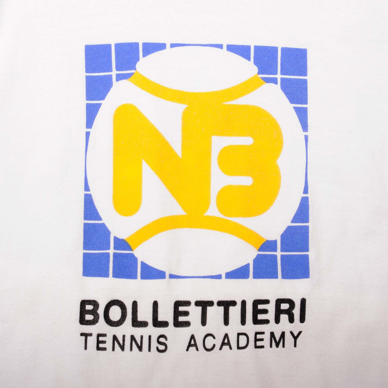 Vintage White Nike Bollettiri Tennis Academy Tee Shirt 1986 Size M Made In USA With Single Stitch Sleeves. Nike Blue Label.