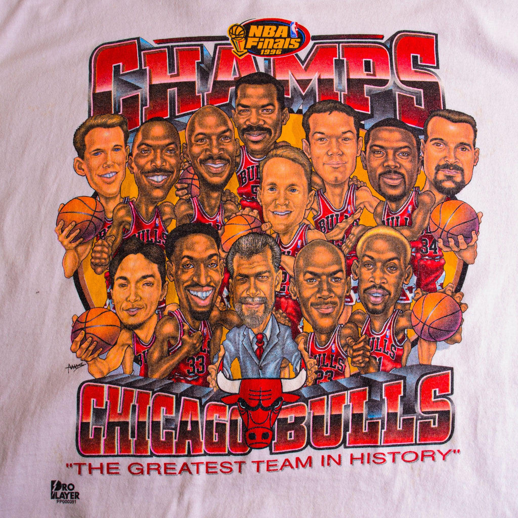 Vintage Starter Chicago Bulls 1996 Greatest Team Ever NBA Champ. White  T-Shirt L