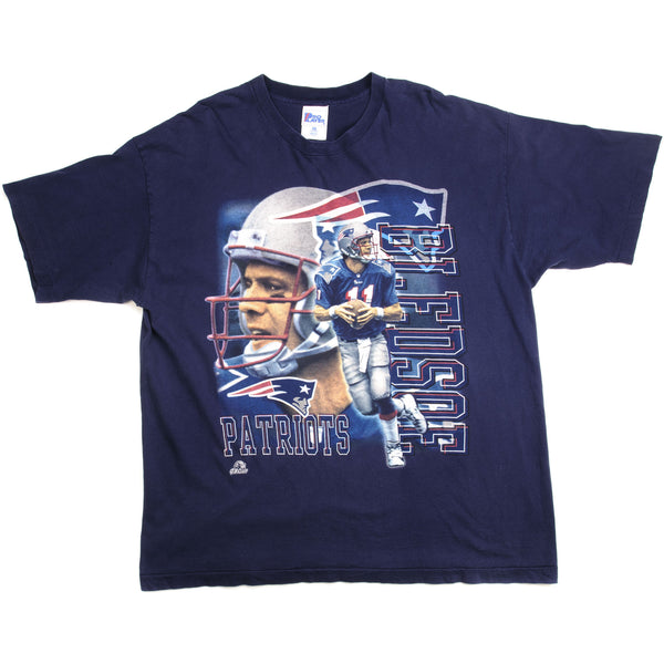 Vintage NFL New England Patriots Drew Bledsoe Size 2XL Made In USA. BLUE