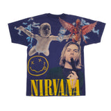 Vintage Blue All Over Print Nirvana Kurt Cobain 1967-1994 Screen Stars Best Tee Shirt Size Large Made In USA With Single Stitch Sleeves.