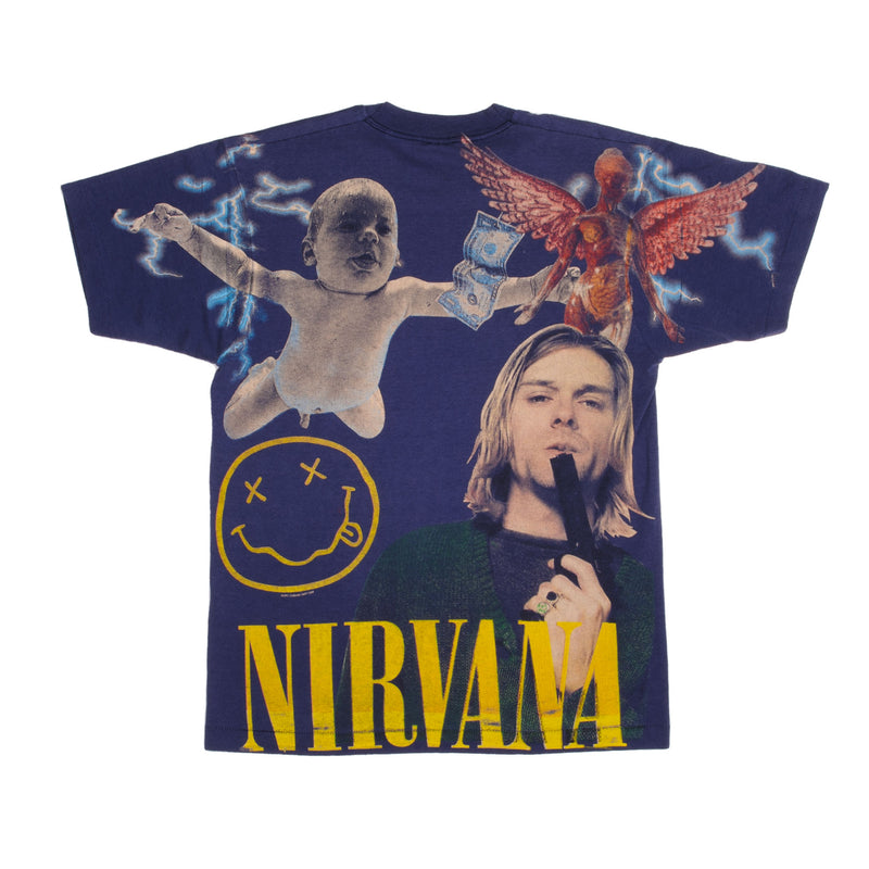 Vintage Blue All Over Print Nirvana Kurt Cobain 1967-1994 Screen Stars Best Tee Shirt Size Large Made In USA With Single Stitch Sleeves.